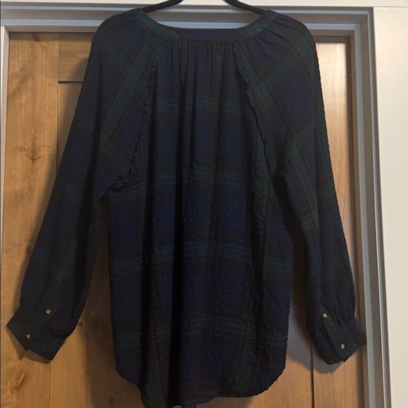 Caffe Marrakesh plaid gauze Blouse Top Womens L Pop over long line Tunic peasant - Picture 2 of 12